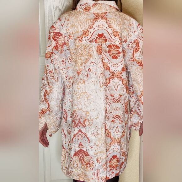 Chico's 1/M Orange White Paisley Print 100% LINEN 3/4 Slv 1/2 Button Women's Top - Picture 5 of 12